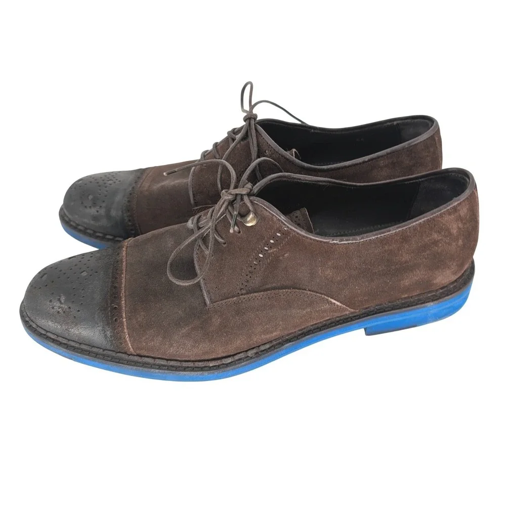 Jimmy Choo Suede Derby Shoes Mens 46 Brown Blue Cap Toe Made in Italy‎ Luxury